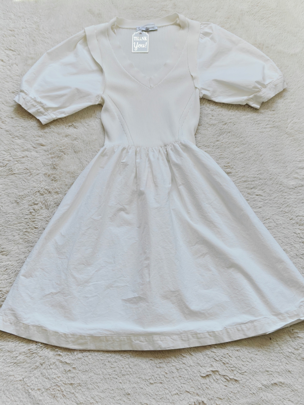 next White Ribbed Knit Puff Sleeve Mixed Media Dress | Size M | Quiet Luxury - Picture 5 of 5